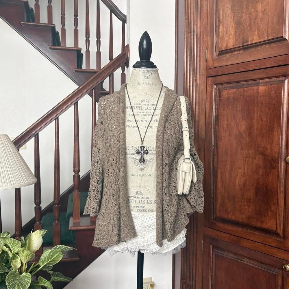 Joan Vass Vintage Brown Khaki Knit Crochet Cardigan Sweater Earthy Boho Grunge